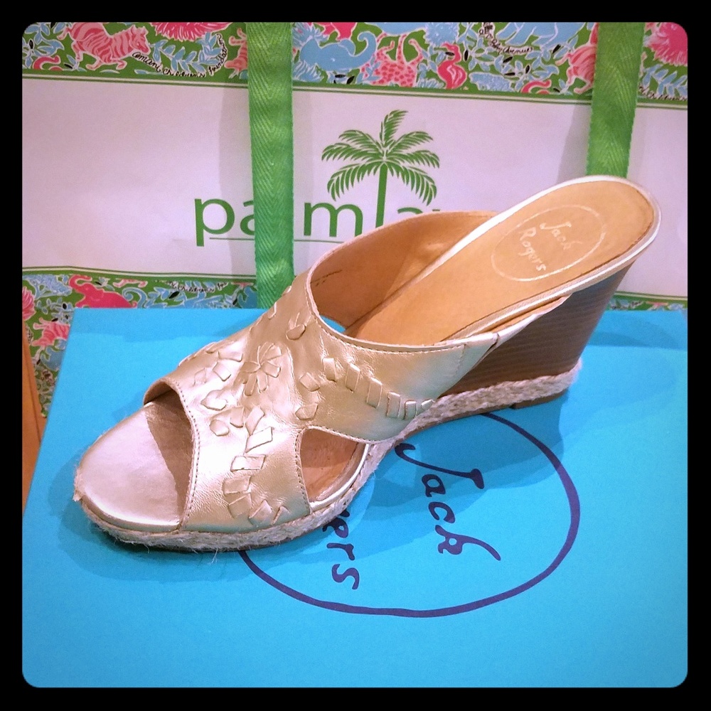 Jack Rogers Sophia wedge heel platinum sandal.